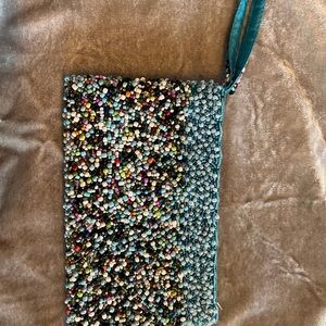 Handmade Beaded Wristlet Clutch | Turquoise Multicolor Boho Zipper Pouch